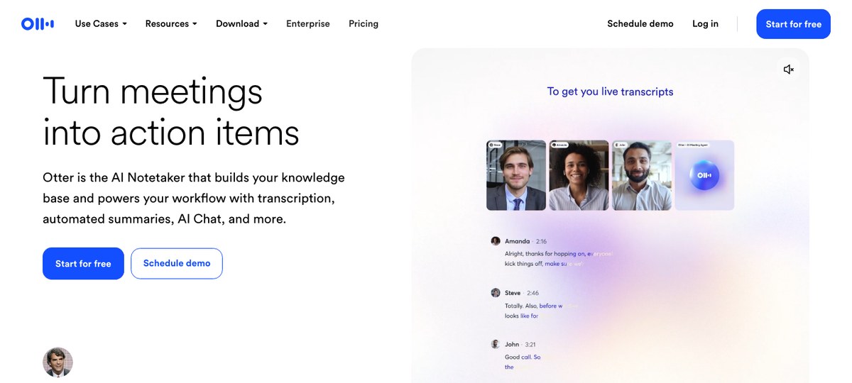Otter.ai AI note-taker landing page — OtterPilot joins Google Meet calls as a bot