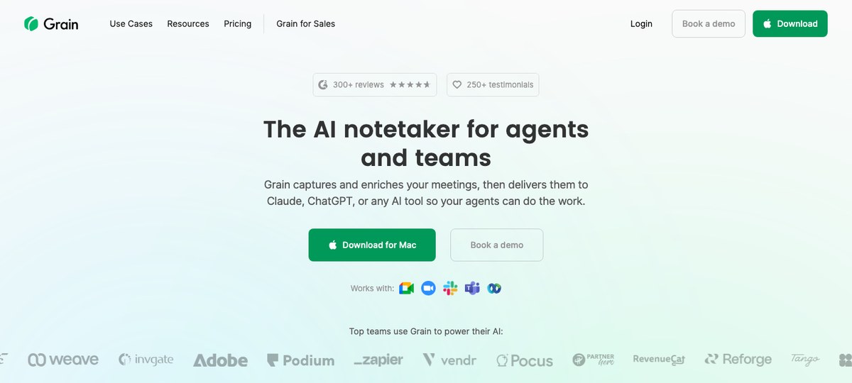 Grain — video-clip-first AI meeting assistant with bot-free recording for sales teams
