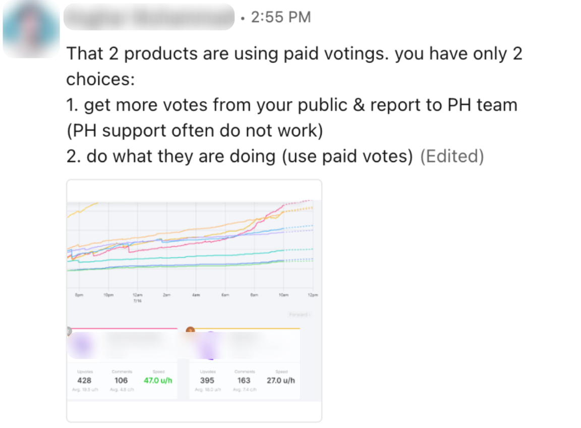 Screenshot of upvote broker messages received during a Product Hunt launch