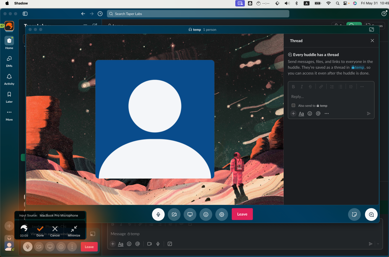 Shadow AI meeting assistant interface for automatic Slack Huddle recording