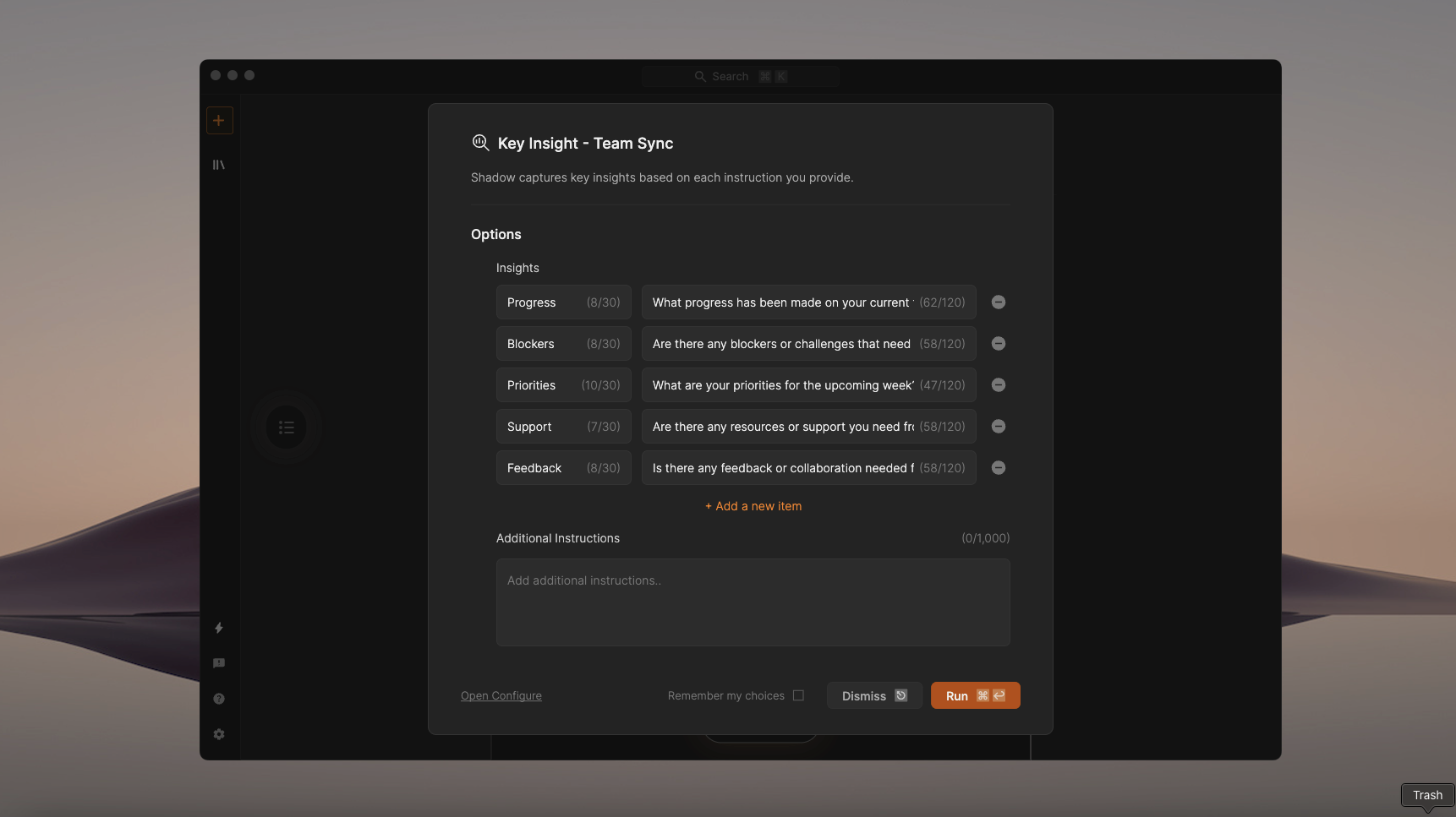 Example meeting summary template with structured output from Shadow