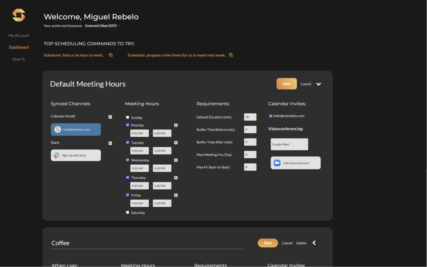 Scheduler AI web app for managing remote team meeting schedules