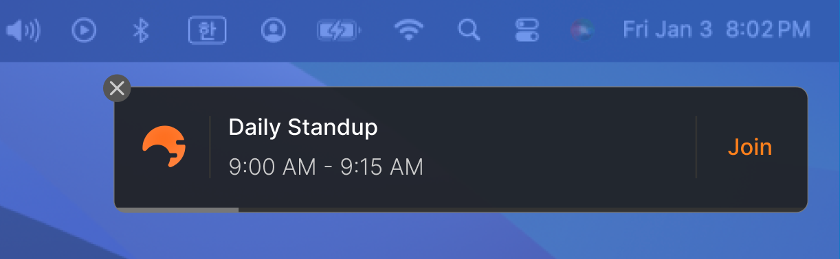 Shadow v1.8 one-minute notification with one-click join button for upcoming meetings