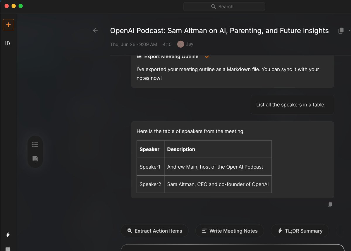 Shadow context-aware meeting notes showing structured outcomes instead of raw transcript